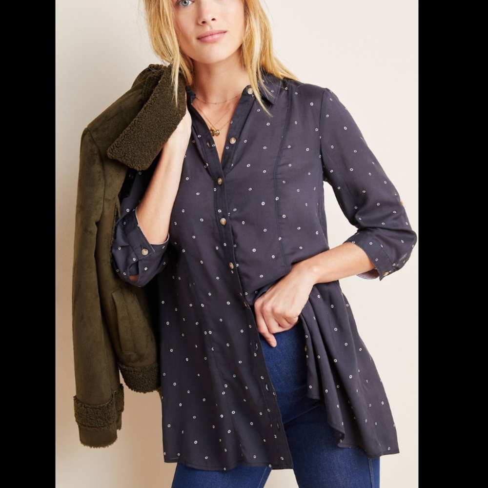 Anthropologie Navy Polka Dot Button-Front Tunic Blouse